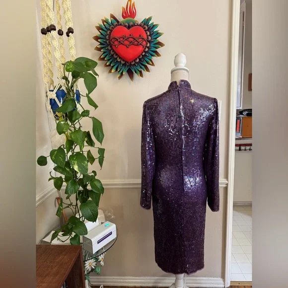 80s Vintage Purple Sequin Long Sleeve Dress - Picture 2 of 12
